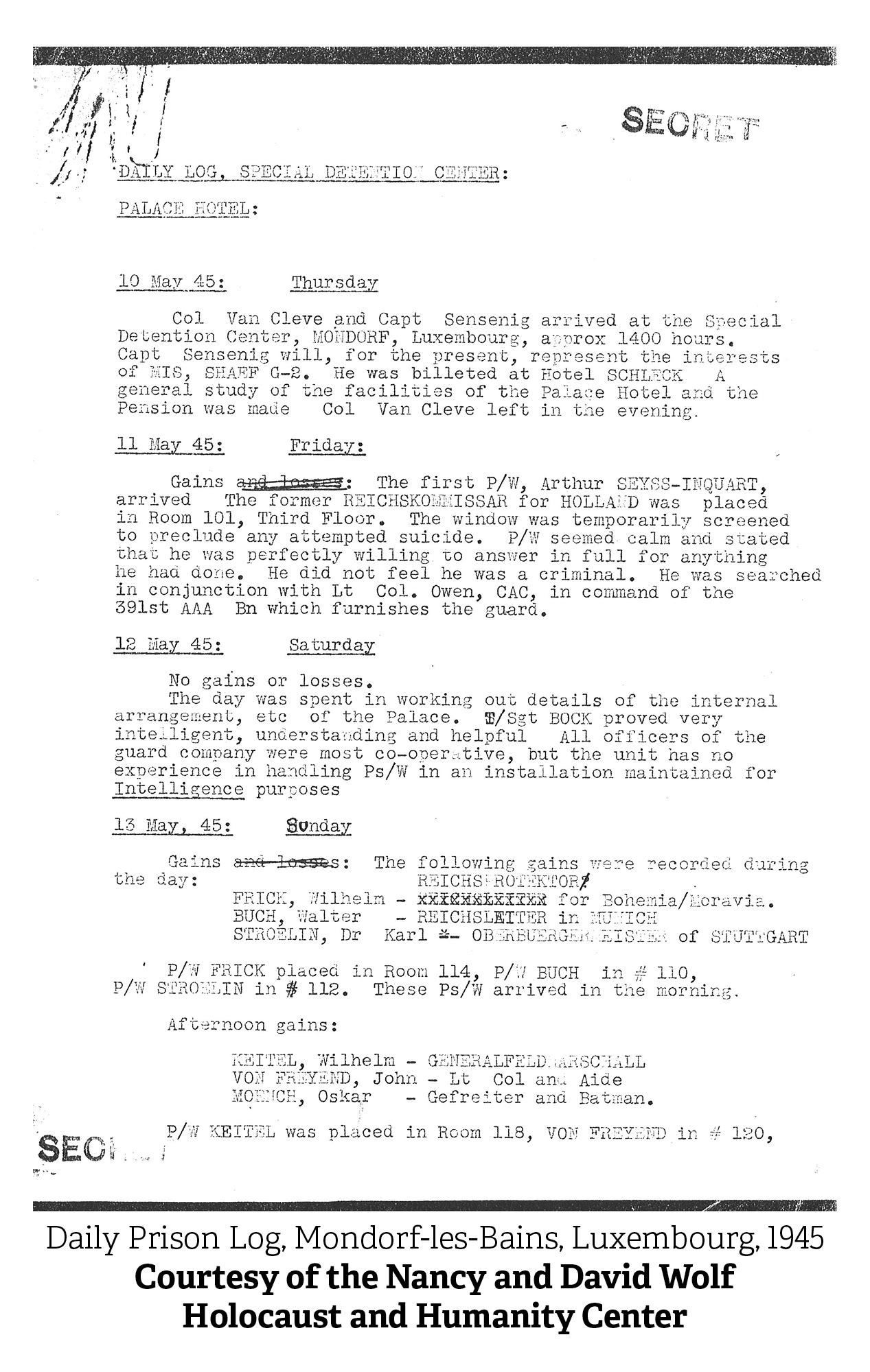 Daily Prison Log, Mondorf-les-Bains, Luxembourg, 1945. Courtesy of the Nancy and David Wolf Holocaust and Humanity Center.