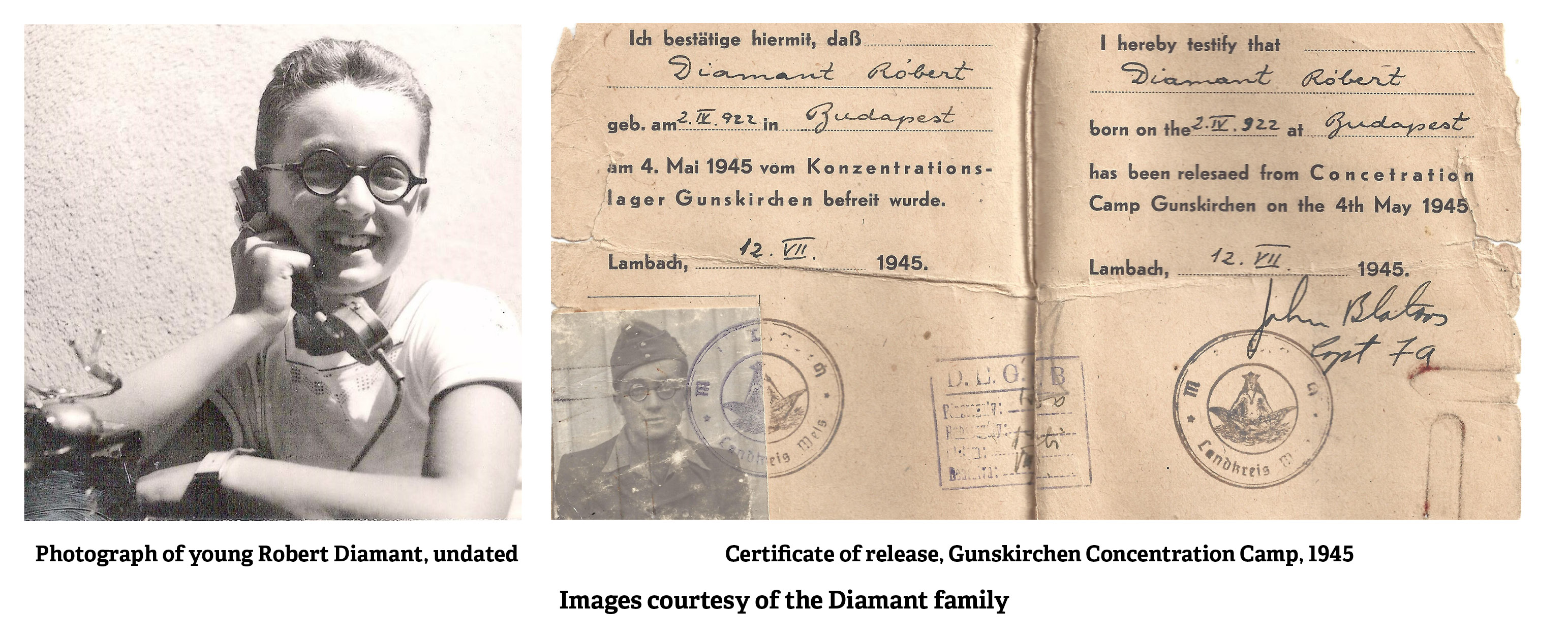 Photograph of young Robert Diamant, undated and Certificate of release, Gunskirchen Concentration Camp, 1945