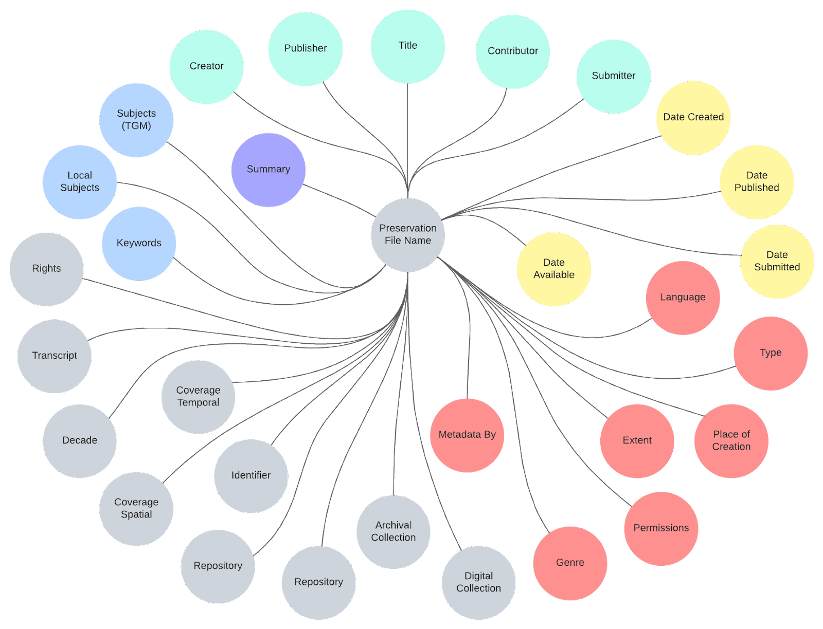 A chart depicting the metadata of the Documenting the Covid-19 Pandemic digital collection