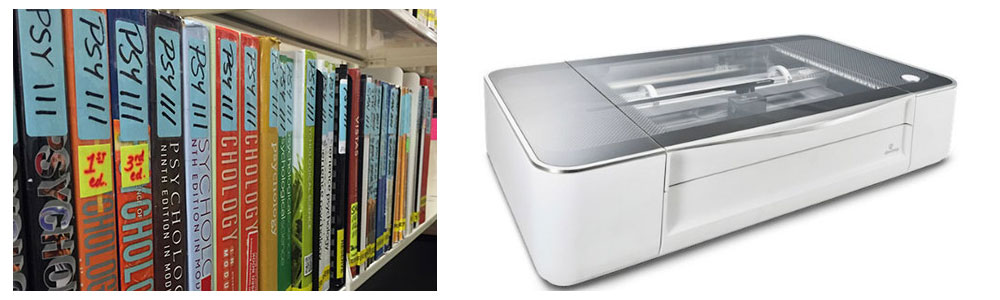 A shelf full of textbooks, and a laser cutter
